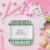 ライムグリーン、ネイビーおよびターコイズブループレイド ペーパープレート (パーティー)