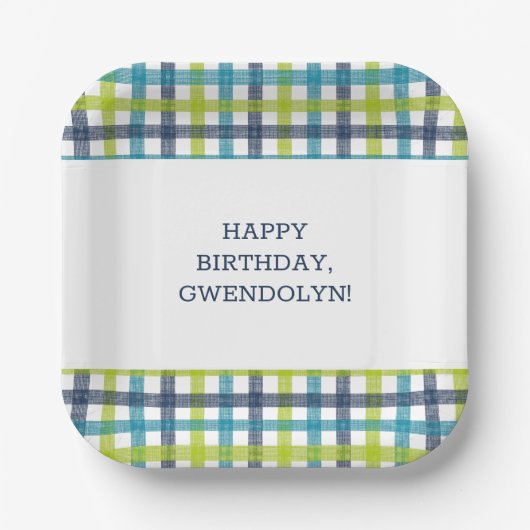 ライムグリーン、ネイビーおよびターコイズブループレイド ペーパープレート (正面)