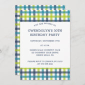 ライムグリーン、ネイビーとターコイズブループレイドインビタティ 招待状 (正面/裏面)