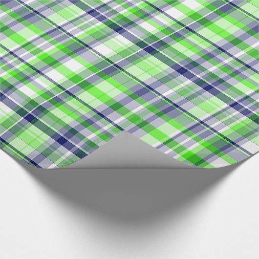 ライムグリーン、ネイビーブルー、ホワイトマドラス名門私立校風のプレイド ラッピングペーパー (角)