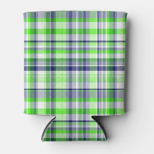 ライムグリーン、ネイビーブルー、ホワイトマドラス名門私立校風のプレイド 缶クーラー (正面)