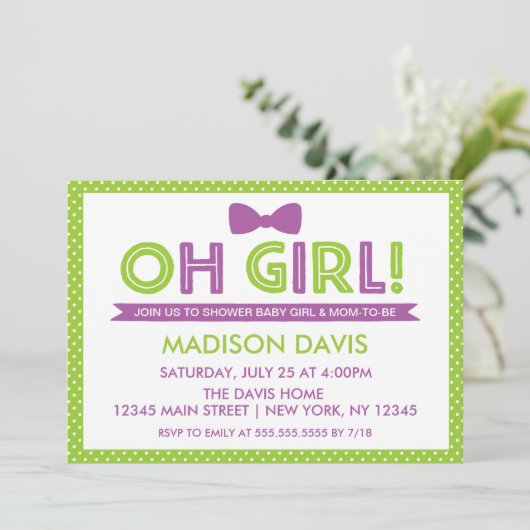 ライムグリーン&パープル水玉模様オ女の子ベビーシャワー 招待状 (スタンド正面)