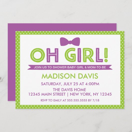 ライムグリーン&パープル水玉模様オ女の子ベビーシャワー 招待状 (正面/裏面)