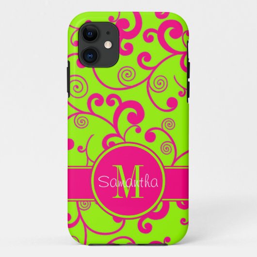 ライムグリーン（ピンク付き）スクロールデザインモノカスタムグラム Case-Mate iPhoneケース (裏面)