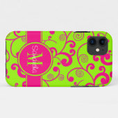 ライムグリーン（ピンク付き）スクロールデザインモノカスタムグラム Case-Mate iPhoneケース (裏面(横))