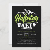 ライムグリーン＆ブラックのカボチャ タイポグラフィ ハロウィンパーティー 招待状 (正面)