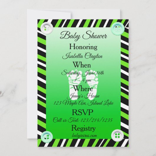ライムグリーン&ブラックボーイベビーシャワー招待状 招待状 (裏面)