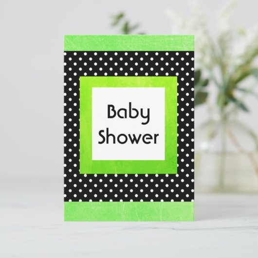 ライムグリーン&ブラック水玉模様ベビーシャワー招待状 招待状 (スタンド正面)