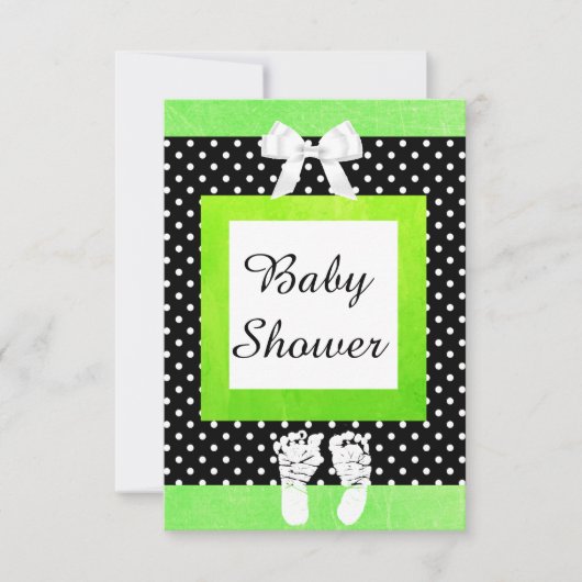 ライムグリーン&ブラック水玉模様ベビーシャワー招待状 招待状 (正面)