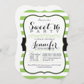 ライムグリーン&ホワイトストライプパーティーズスウィート16 招待状 (正面/裏面)
