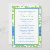 ライムグリーン, ホワイト, ブルー ダマスクプリント リボン 招待状 (裏面)