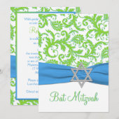 ライムグリーン, ホワイト, ブルー ダマスクプリント リボン 招待状 (正面/裏面)