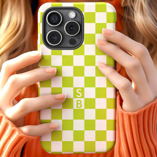 ライムグリーン レトロ チェック パターン モノグラム iPhone 15ケース