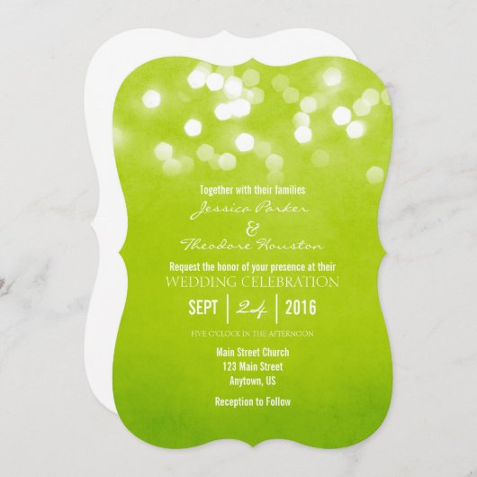 ライムグリーン《写真》ぼけ味グリッターライト結婚式招待状 招待状 (正面/裏面)