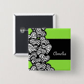 ライムグリーン 黒 白 ゼブラ柄 ハート ネーム 缶バッジ (正面&裏面)