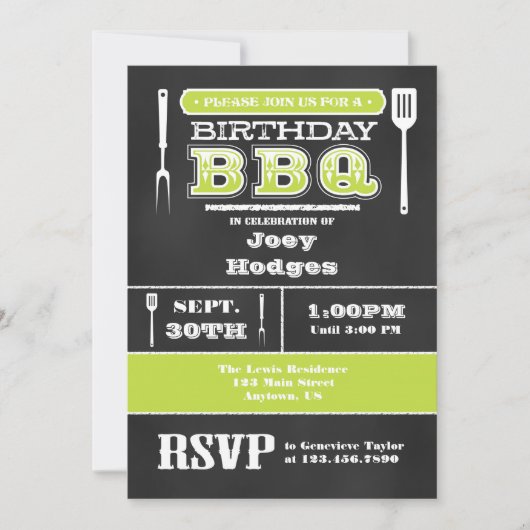 ライムグリーンBBQ誕生日シャルボード招待状 招待状 (正面)