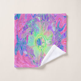 ライムサイケデリックグトリップ（幻覚体験）のようなグリーンとパープルハイビスカス ウォッシュタオル
