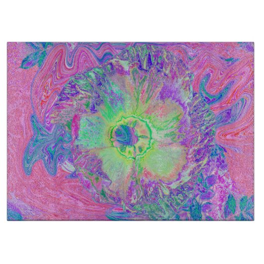 ライムサイケデリックグトリップ（幻覚体験）のようなグリーンとパープルハイビスカス カッティングボード (正面)