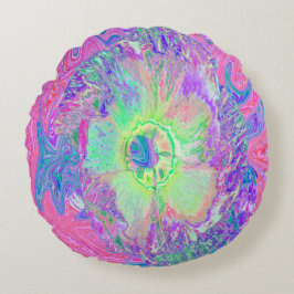 ライムサイケデリックグトリップ（幻覚体験）のようなグリーンとパープルハイビスカス ラウンドクッション