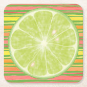 ライムシトラススライスストライプオン紙スクエアコースター スクエアペーパーコースター (正面)