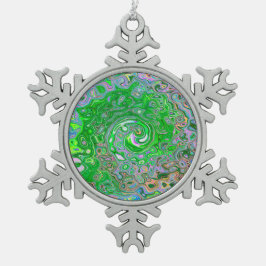 ライムトリップ（幻覚体験）のようなグリーンとピンクの抽象芸術レトロスワール スノーフレークピューターオーナメント