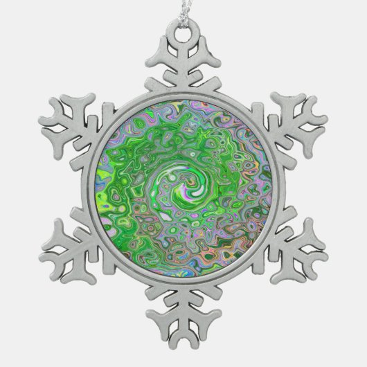 ライムトリップ（幻覚体験）のようなグリーンとピンクの抽象芸術レトロスワール スノーフレークピューターオーナメント (正面)