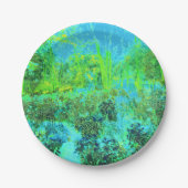 ライムトリップ（幻覚体験）のようなグリーンとブルーガーデンランドスケープ ペーパープレート (正面)
