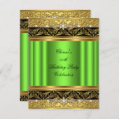 ライムバースデーパーティエレガント金ゴールドダイヤモンドブラック 招待状 (正面/裏面)