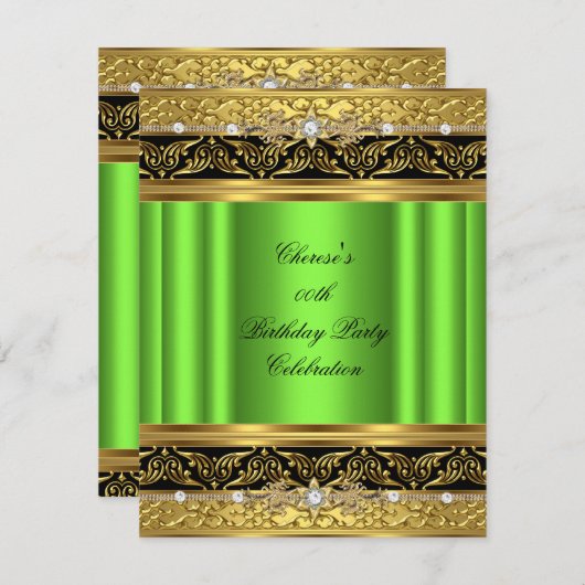 ライムバースデーパーティエレガント金ゴールドダイヤモンドブラック 招待状 (正面/裏面)