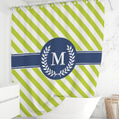 ライムパーソナライズされたグリーン&ネイビーモノグラストライプのム シャワーカーテン