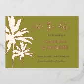 ライムパームツリーズビーチ結婚式日付を保存 箔招待状 (正面)