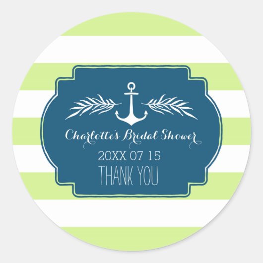 ライムブストライプルー航海のブライダルシャワーラベル ラウンドシール (正面)