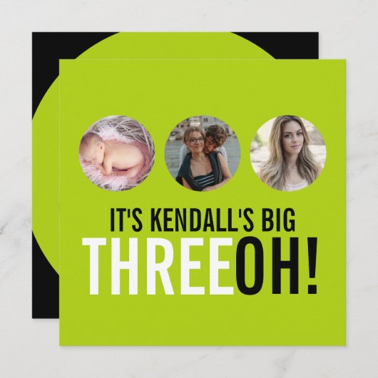 ライムブラック30th THREEOH!フォト誕生日招待状 招待状 (正面/裏面)