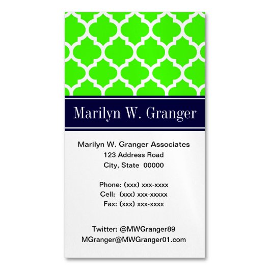 ライムホワイトモロッコ#5ネイビーブルー名モノグラム マグネット名刺 (正面縦)