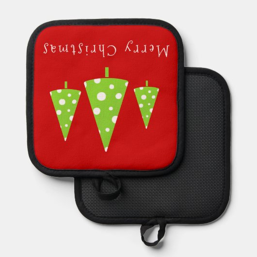 ライムホワイト水玉模様クリスマスツリー 鍋敷き (正面/裏面)