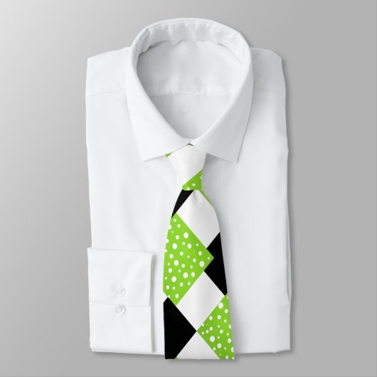 ライムホワイト水玉模様、白黒カラーブロック ネクタイ (タイ)