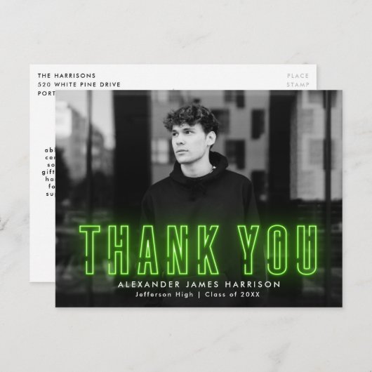 ライムモダングリーンネオン写真卒業ありがとう ポストカード (正面/裏面)