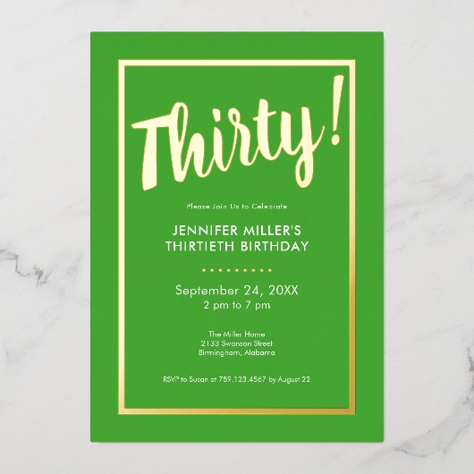 ライムモダングリーン&ゴールドフォイル30th誕生日 箔招待状 (正面)