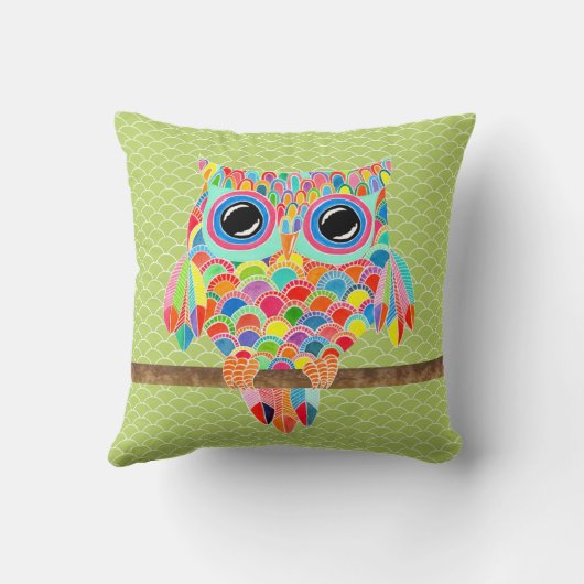 ライムユニークファンキーグリーンフクロウのアートクッション クッション (裏面)