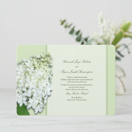 ライムライトグリーンアジサイのカスタムウェディング紙 招待状 (スタンド正面)