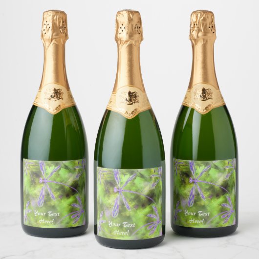 ライム上の紫色の翼のトンボ スパークリングワインラベル (ボトル)