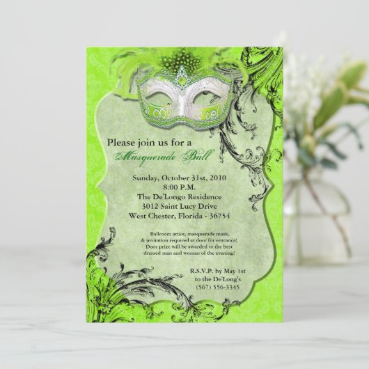 ライム仮装ボールマスクの仮装ハロウィーン部品 招待状 (スタンド正面)