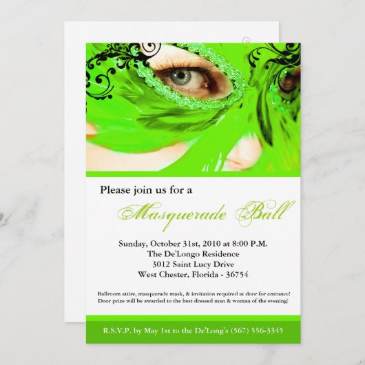 ライム仮装マスクボールコスチュームのハロウィン 招待状 (正面/裏面)