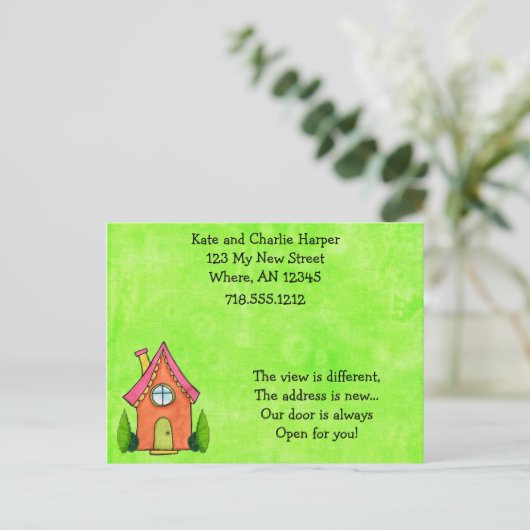 ライム名門私立校風のグリーンとピンクの新しいアドレス移動カード 案内ポストカード (スタンド正面)