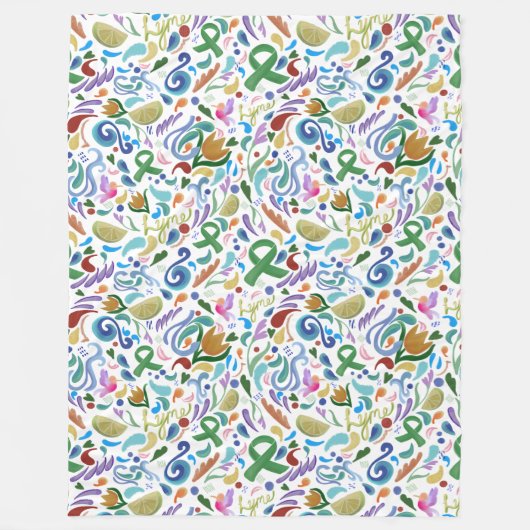 ライム病ハート認識度毛布グリーンリボン フリースブランケット (正面)