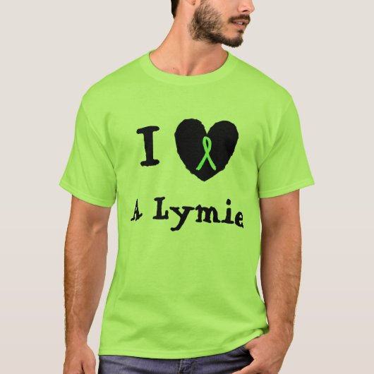 ライム病認識リボンのある"Lymie大好き"ハート Tシャツ (正面)
