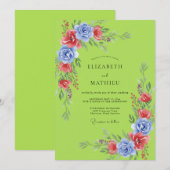 ライム色とツルニチニチソウの色の野の花の結婚式 招待状 (正面/裏面)