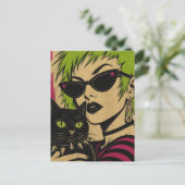 ライム色の髪の女性とその黒猫の木版画 ポストカード (スタンド正面)