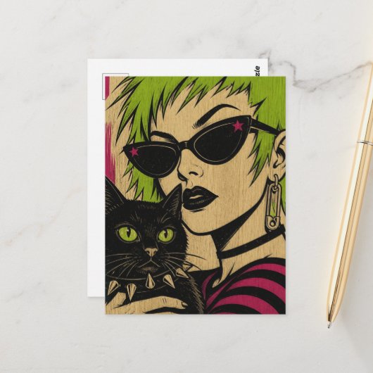 ライム色の髪の女性とその黒猫の木版画 ポストカード (正面/裏面インサイチュ)
