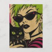ライム色の髪の女性とその黒猫の木版画 ポストカード (正面)